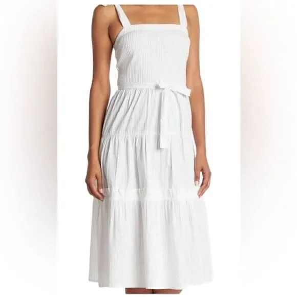Topshop White Pintuck Tie Shoulder Tiered Hem Beachy SummerโCasual MidiโDress - Picture 3 of 9